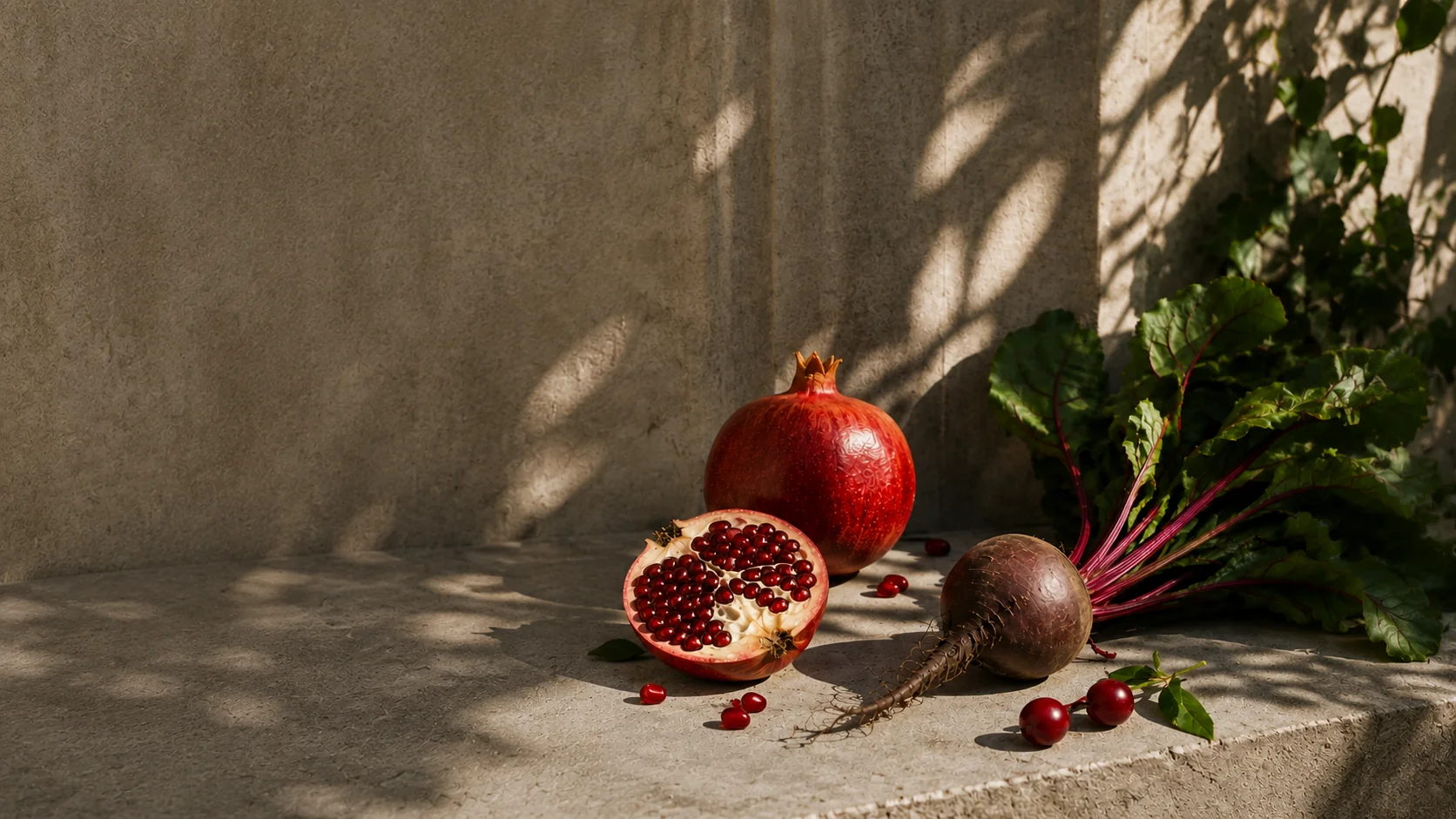 A whole pomegranate, a halved pomegranate and a beet with its leaves resting on a sunlit stone ledge