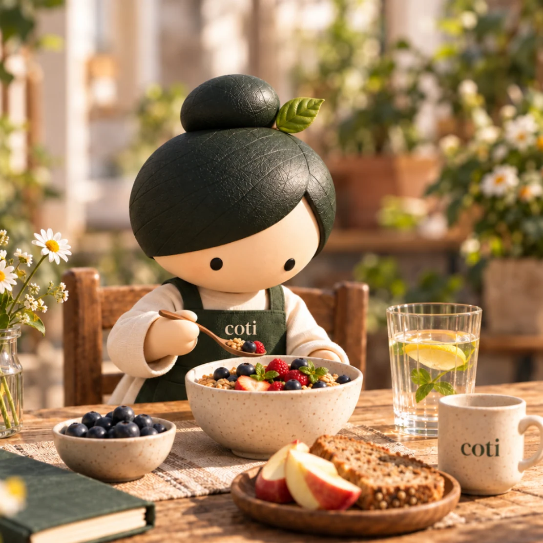 Cotiny enjoying a bright breakfast bowl at an outdoor table in the morning light