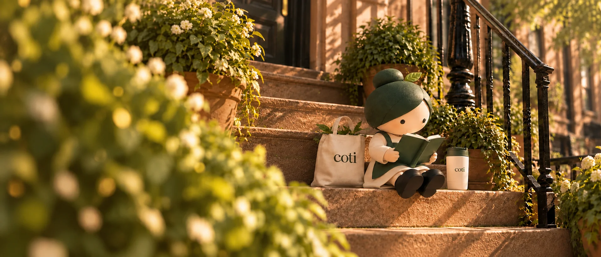 Cotiny reading on a sunlit brownstone stoop beside a COTI tote and cup
