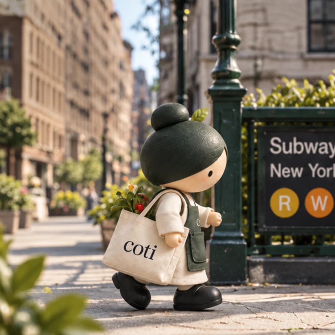 Cotiny walking a sunlit New York sidewalk with a tote bag